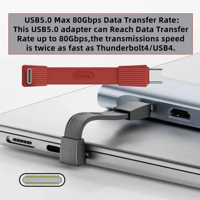 Alt view image 2 of 7 - 2 Pack USB C Short Flat Cable,USB 4.0 Type C Male to Male/Female 90 Degree Angled 8K@60Hz 80Gbps Data Transfer,PD 240W Fast Charge Data Extension Cable 2.01/2.64 Inch Red