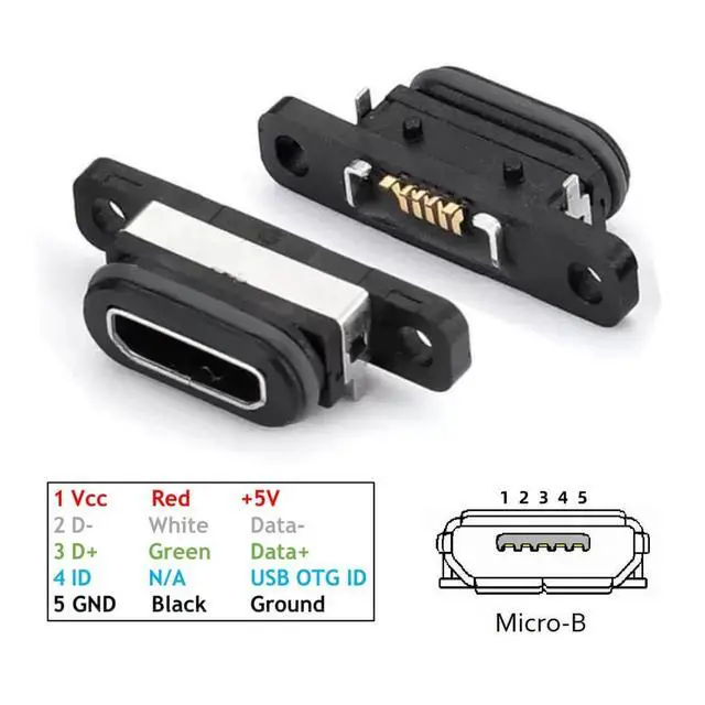 Alt view image 3 of 7 - 5 Pack Micro USB DIY Connector, USB 2.0 Micro B 5Pin Female Socket Port Repair Replacement Solder Adapter Waterproof & Dustproof with Panel Mount Screw Hole