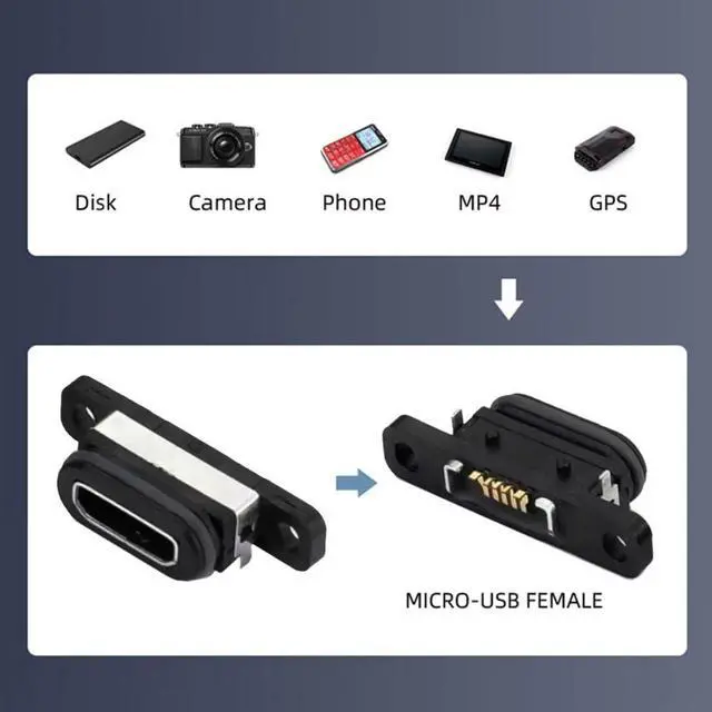 Alt view image 7 of 7 - 5 Pack Micro USB DIY Connector, USB 2.0 Micro B 5Pin Female Socket Port Repair Replacement Solder Adapter Waterproof & Dustproof with Panel Mount Screw Hole