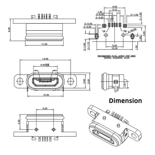 Alt view image 6 of 7 - 5 Pack Micro USB DIY Connector, USB 2.0 Micro B 5Pin Female Socket Port Repair Replacement Solder Adapter Waterproof & Dustproof with Panel Mount Screw Hole