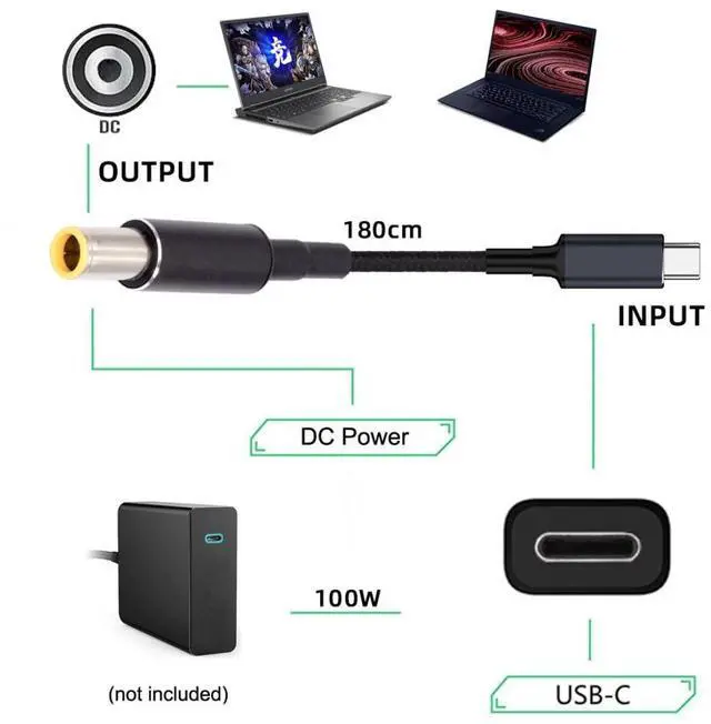 Alt view image 5 of 7 - Laptop Power Cable,USB C to DC 7.9x5.4MM PD 100W Fast Charging Nylon Braided Cable Compatible PD 65W 5.91FT/1.8M