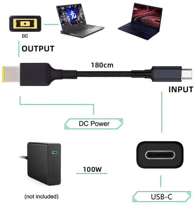 Alt view image 4 of 7 - Laptop Power Cable,USB C to DC Thinkpad 11x4.5MM PD 100W Fast Charging Nylon Braided Cable Compatible PD 65W 5.91FT/1.8M