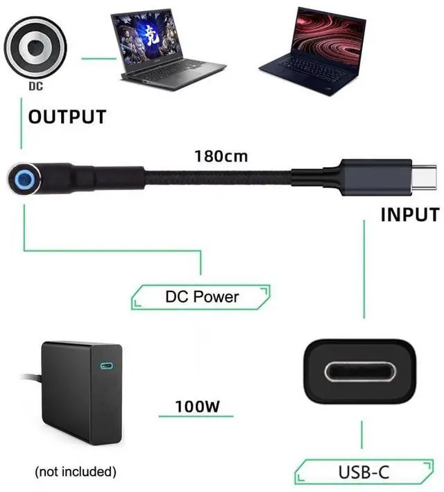 Alt view image 5 of 7 - Laptop Power Cable,USB C to DC HP4.5x3.0MM PD 100W Fast Charging Nylon Braided Cable Compatible PD 65W 5.91FT/1.8M