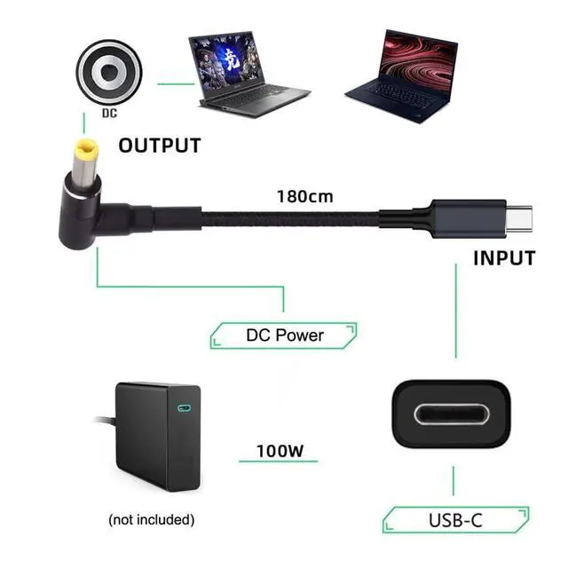Alt view image 4 of 7 - Laptop Power Cable,USB C to DC 5.5x2.5MM PD 100W Fast Charging Nylon Braided Cable Compatible PD 65W 5.91FT/1.8M