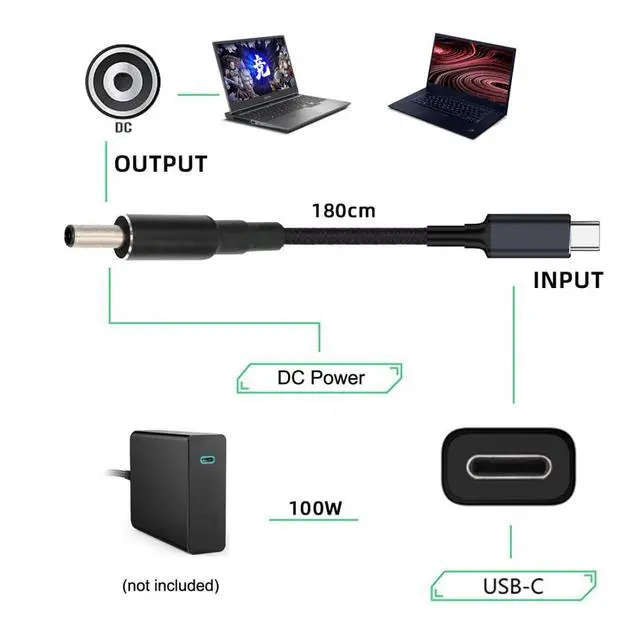 Alt view image 3 of 7 - Laptop Power Cable,USB C to DC 5.5x2.1MM PD 100W Fast Charging Nylon Braided Cable Compatible PD 65W 5.91FT/1.8M
