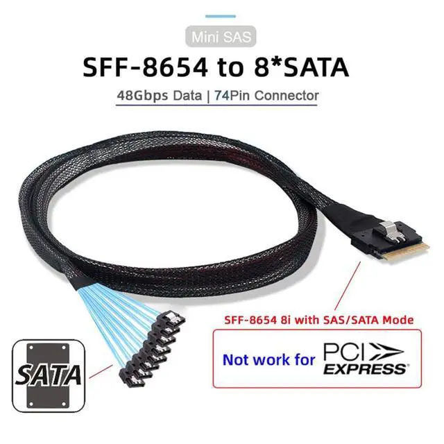 Alt view image 2 of 7 - SlimSAS Host/RAID to SATA Target Cable,Slim SAS 4.0 SFF-8654 8i 74Pin 1 to 8 SATA 7Pin Raid Controller/Hard Drive Cable 3.28FT/1.0M