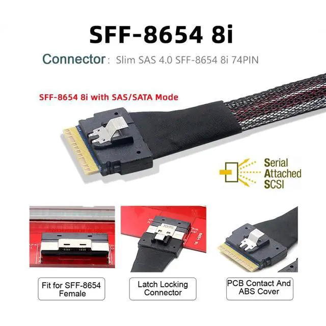 Alt view image 6 of 7 - SlimSAS Host/RAID to SATA Target Cable,Slim SAS 4.0 SFF-8654 8i 74Pin 1 to 8 SATA 7Pin Raid Controller/Hard Drive Cable 3.28FT/1.0M