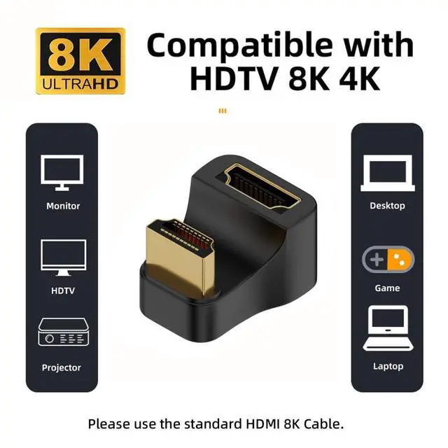 Alt view image 2 of 7 - HDMI Male to HDMI Female 8K@60Hz 4K@120Hz 180 Degree Down Angled Extension Adapter Converter Connector