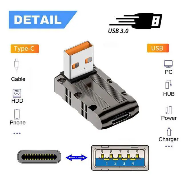 Alt view image 3 of 7 - USB C to USB 3.0 Data 10Gbps Power 120W Connector Adapter Mecha Cyberpunk Style 90 Degree UP Angled Low Profile Type