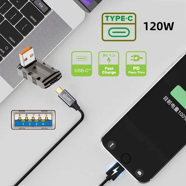 Alt view image 5 of 7 - USB C to USB 3.0 Data 10Gbps Power 120W Connector Adapter Mecha Cyberpunk Style 90 Degree UP Angled Low Profile Type