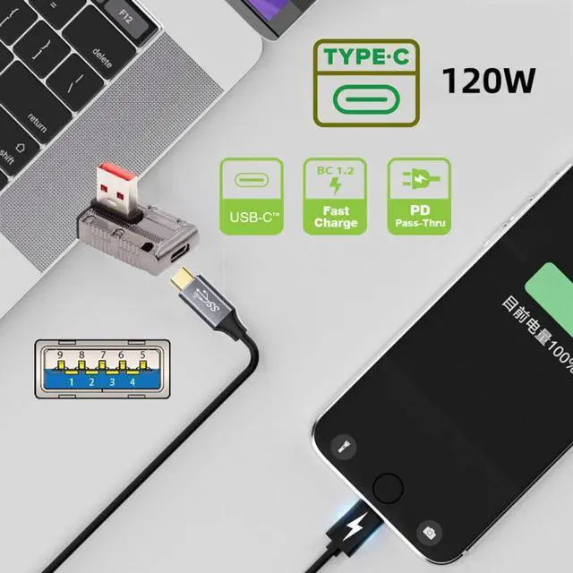 Alt view image 4 of 7 - USB C to USB 3.0 Data 10Gbps Power 120W Connector Adapter Mecha Cyberpunk Style 90 Degree Right Angled Low Profile Type