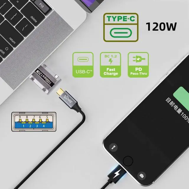 Alt view image 4 of 7 - USB C to USB 3.0 Data 10Gbps Power 120W Connector Adapter Mecha Cyberpunk Style 90 Degree Right Angled Slim Type