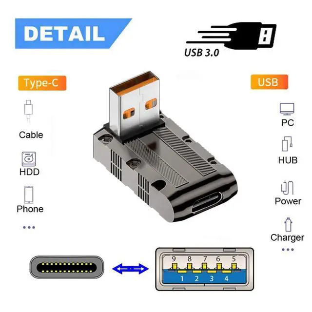 Alt view image 3 of 7 - USB C to USB 3.0 Data 10Gbps Power 120W Connector Adapter Mecha Cyberpunk Style 90 Degree Down Angled Low Profile Type