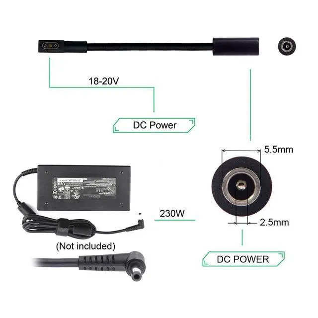Alt view image 3 of 7 - 5.5x2.5mm DC Jack Input to 3Pin Power Plug Cable Compatible for Laptop Blade Pro 17 and Blade 15 Model Support 230W/160W Charge Adapter