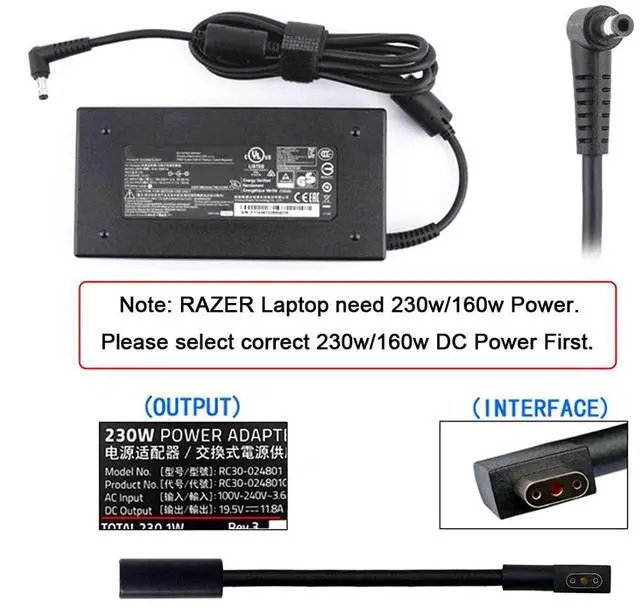 Alt view image 6 of 7 - 5.5x2.5mm DC Jack Input to 3Pin Power Plug Cable Compatible for Laptop Blade Pro 17 and Blade 15 Model Support 230W/160W Charge Adapter