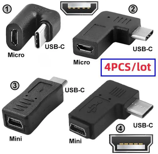 Alt view image 2 of 7 - 4 Pack Mini/Micro USB 2.0 Connector, USB C Male to Mini/Micro USB 5Pin Female 90/180 Degree Angled Charging Data Connector Adapter