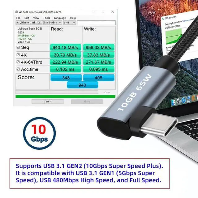 Alt view image 6 of 7 - 0.98FT USB C to C Cable,USB C 4K@60Hz Video 10Gbps Data Transfer PD 65W Fast Charging Dual 90 Degree Angled Braided Cable