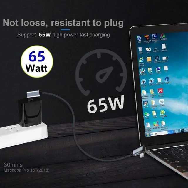 Alt view image 3 of 7 - 0.98FT USB C to C Cable,USB C 4K@60Hz Video 10Gbps Data Transfer PD 65W Fast Charging Dual 90 Degree Angled Braided Cable