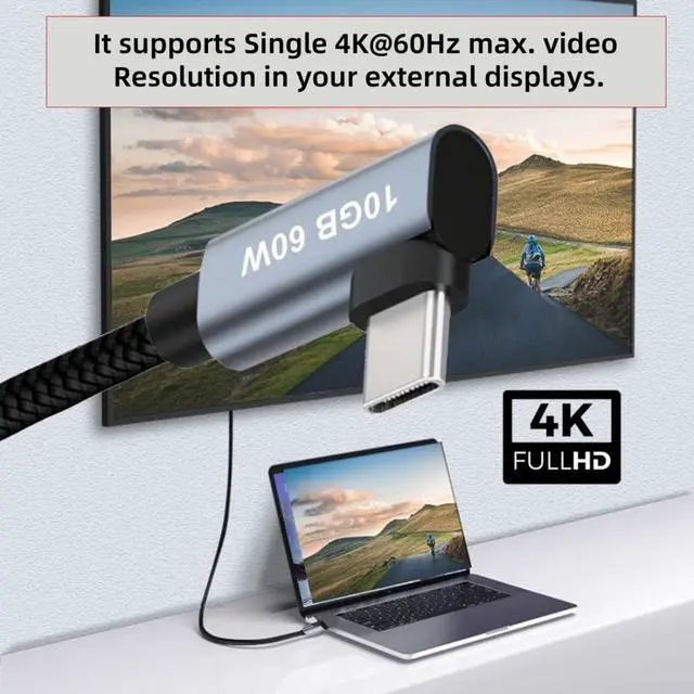 Alt view image 4 of 7 - 0.98FT USB C to C Cable,USB C 4K@60Hz Video 10Gbps Data Transfer PD 65W Fast Charging Dual 90 Degree Angled Braided Cable