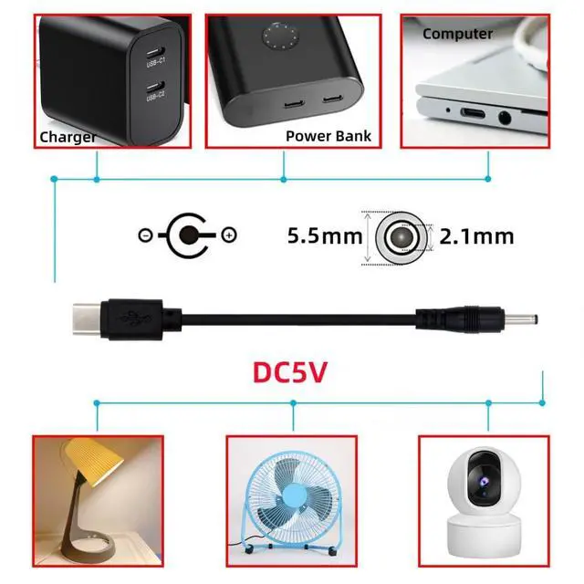 Alt view image 3 of 7 - 3.28FT USB C to DC 5V 5.5x2.1mm Power Charge Cable with 5.1K Resistor for USB Fan/LED Desk/Bedside Lamp/Driving Recorder