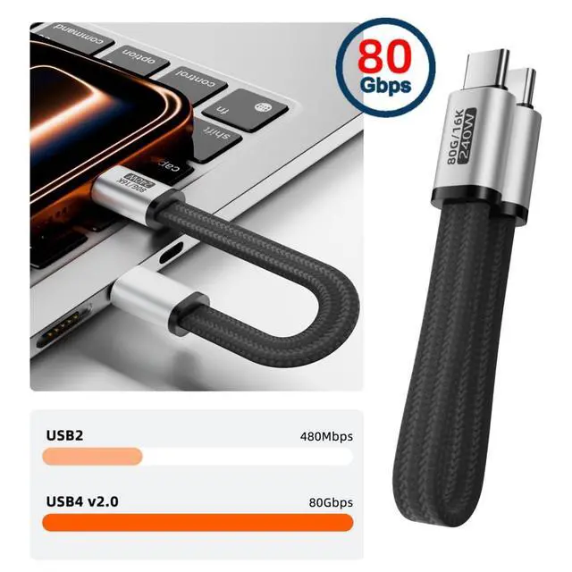Alt view image 6 of 7 - 7.09 Inch USB C Short Flat Braided Cable,Support PD 240W/80Gbps/16K@30Hz Video/OTG Compatible with Thunderbolt3/4 with Magnetic