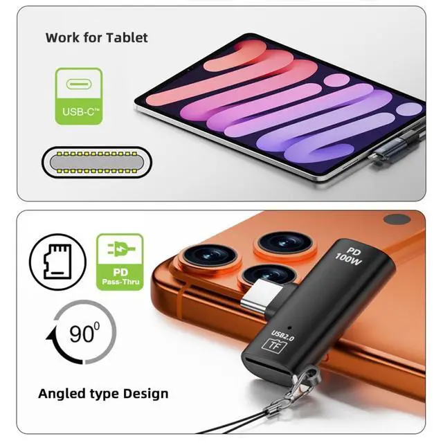 Alt view image 3 of 7 - USB C Micro SD Card Reader,2 in 1 USB C to Micro SD Adapter with PD100W Fast Charging Port for TF Micro SDHC SDXC