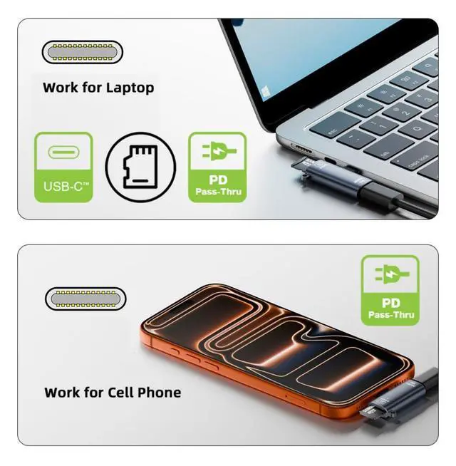Alt view image 4 of 7 - USB C Micro SD Card Reader,2 in 1 USB C to Micro SD Adapter with PD100W Fast Charging Port for TF Micro SDHC SDXC