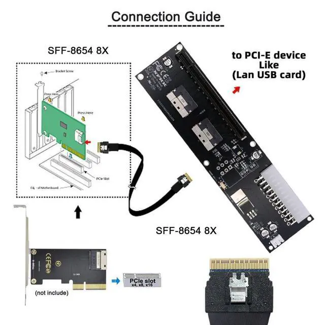 Alt view image 3 of 7 - Dual Port SlimSAS SFF-8654 8i to PCIe 4.0/5.0 X16 PCI Express Expansion Card Adapter with 12V 24Pin Power Port for eGPU Graphics/Sound/LAN Card