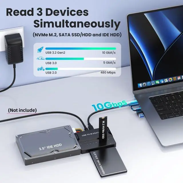 Alt view image 2 of 7 - 3 in 1 USB A/C to M.2 NVMe/IDE/SATA Hard Drive Docking Station for M.2 NVMe SSD, 3.5" IDE and 2.5/3.5" SATA SSD/HDD(Note: Requires a DC 12V/2A Power Supply (not Included)