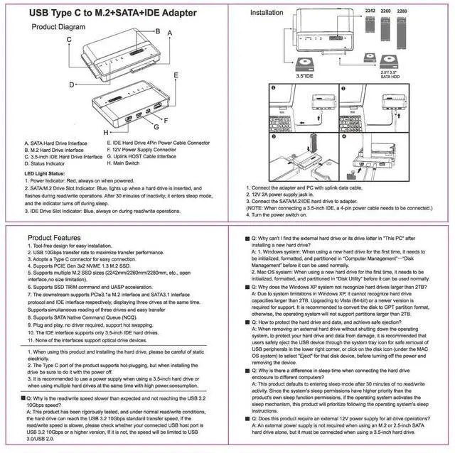 Alt view image 7 of 7 - 3 in 1 USB A/C to M.2 NVMe/IDE/SATA Hard Drive Docking Station for M.2 NVMe SSD, 3.5" IDE and 2.5/3.5" SATA SSD/HDD(Note: Requires a DC 12V/2A Power Supply (not Included)