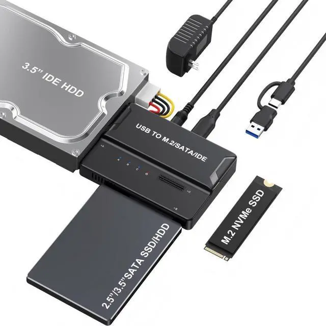 Main image of 3 in 1 USB A/C to M.2 NVMe/IDE/SATA Hard Drive Docking Station for M.2 NVMe SSD, 3.5" IDE and 2.5/3.5" SATA SSD/HDD(Note: Requires a DC 12V/2A Power Supply)