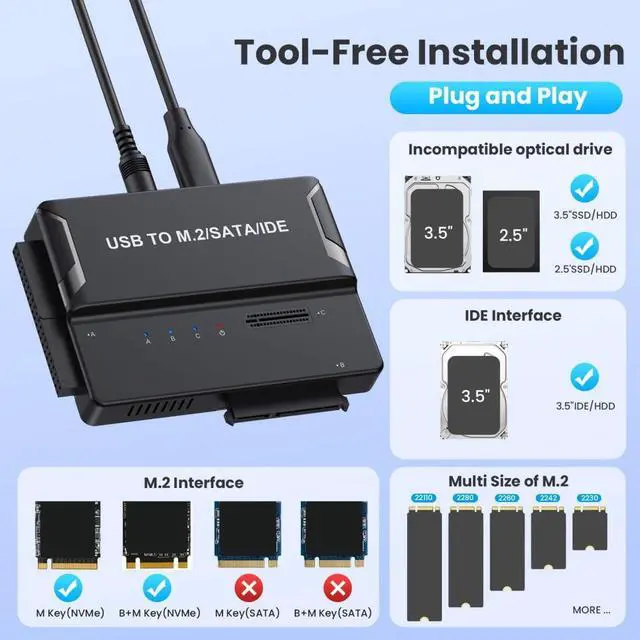 Alt view image 4 of 7 - 3 in 1 USB A/C to M.2 NVMe/IDE/SATA Hard Drive Docking Station for M.2 NVMe SSD, 3.5" IDE and 2.5/3.5" SATA SSD/HDD(Note: Requires a DC 12V/2A Power Supply (not Included)