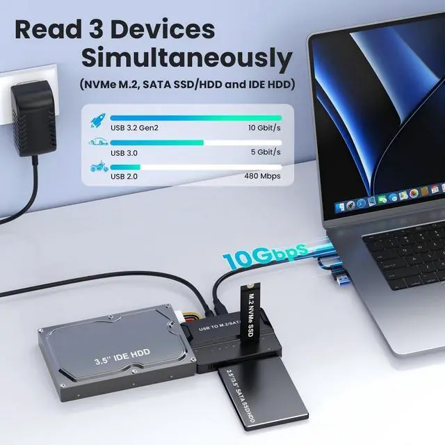 Alt view image 2 of 7 - 3 in 1 USB A/C to M.2 NVMe/IDE/SATA Hard Drive Docking Station for M.2 NVMe SSD, 3.5" IDE and 2.5/3.5" SATA SSD/HDD(Note: Requires a DC 12V/2A Power Supply)