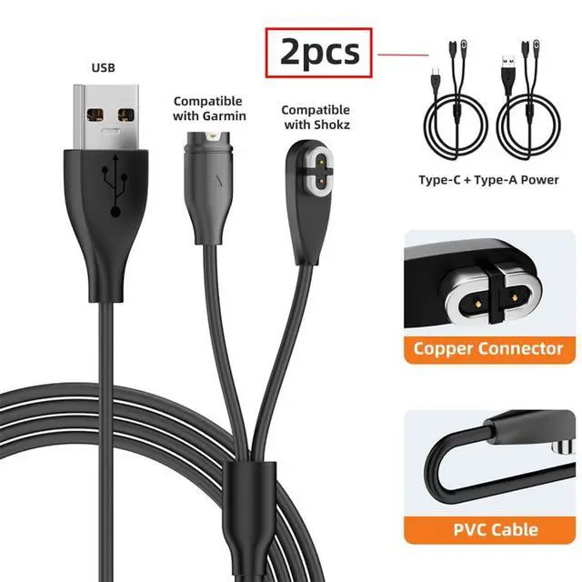 Alt view image 2 of 7 - 2 Pack 2 in 1 USB Charging Cable, USB A/USB C to 2Pin/4Pin 5V1A Magnetic Charging Cable 3.28FT Compatible with Shokz Headphones and Garmin Watch