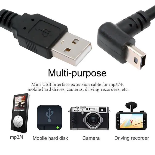 Alt view image 2 of 7 - Mini USB Cable,USB 2.0 Male to Mini USB 5 Pin Male 90 Degree Down Angled Charging Data Transfer Extension Cable Black 1.5M for Dash Cam/GPS/Microphone