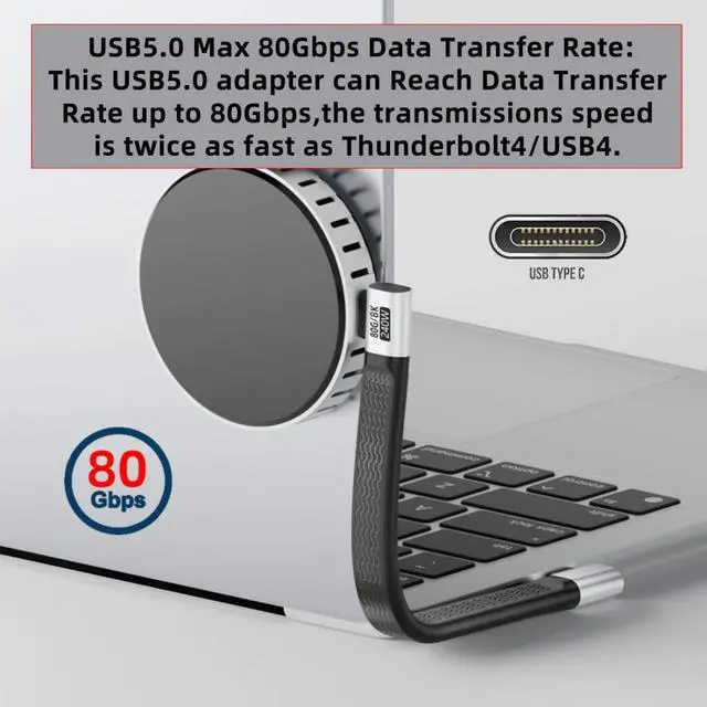 Alt view image 4 of 7 - 5.12 Inch USB C Short Flat Cable,Dual 90 Degree Angled Support PD 240W/80Gbps/16K@30Hz Video/OTG Compatible with Thunderbolt3/4