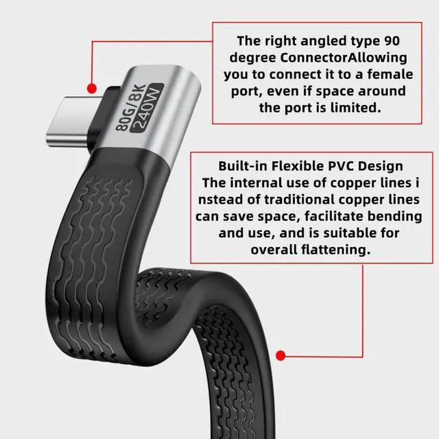 Alt view image 7 of 7 - 5.12 Inch USB C Short Flat Cable,Dual 90 Degree Angled Support PD 240W/80Gbps/16K@30Hz Video/OTG Compatible with Thunderbolt3/4