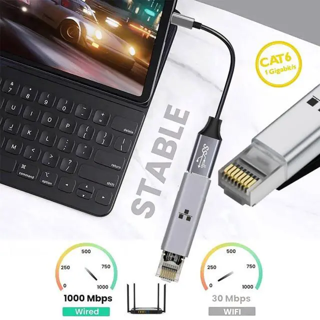 Alt view image 2 of 7 - USB C to RJ45 Adapter,USB C to Gigabit Ethernet Adapter Alloy Material Small and Portable for Steam Deck/Switch/ROG