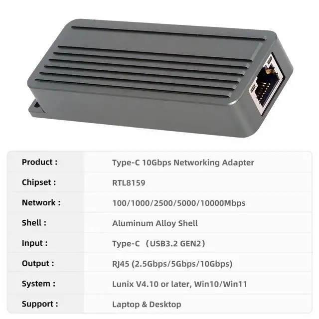 Alt view image 7 of 7 - USB C to RJ45 Adapter,USB C to Gigabit 10Gbps Ethernet Network Adapter Aluminum Alloy Shell for Laptop/Desktop