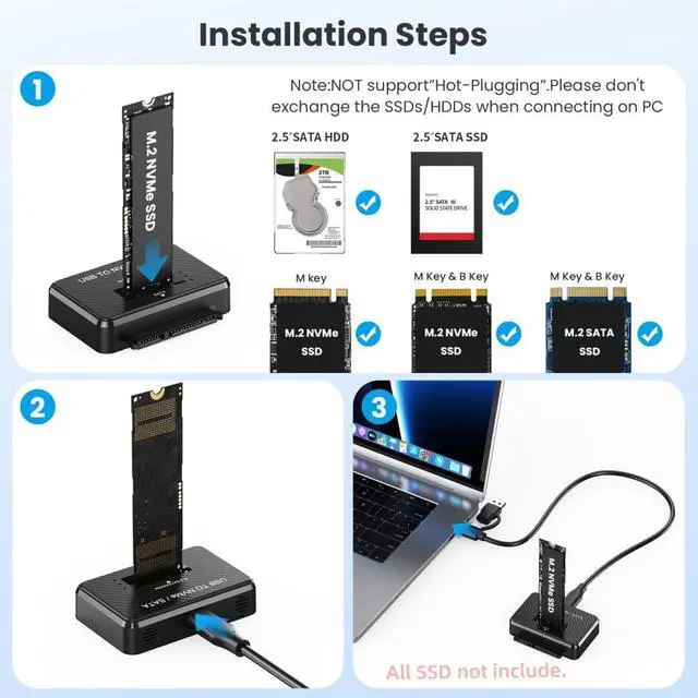 Alt view image 7 of 7 - 3 in 1 USB C to M.2 NVMe/SATA Hard Drive Docking Station for M.2 SATA NVMe SSD and 2.5" SATA SSD/HDD