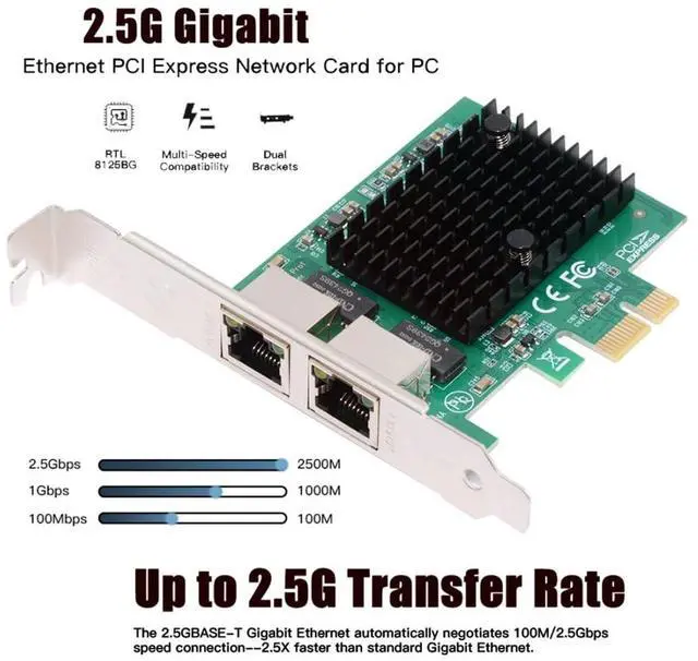 Alt view image 2 of 7 - Dual Port PCIe X1 to RJ45 Network Adapter,2.5G Gigabi Ethernet PCl Express Network Card Adapter for PC/Desktop/Server/NAS/AI with 8cm/12cm Slot Bracket