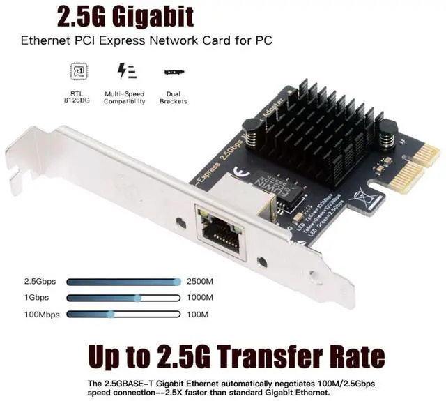 Alt view image 2 of 7 - PCIe X1 to RJ45 Network Adapter,2.5G Gigabi Ethernet PCl Express Network Card Adapter for PC/Desktop/Server/NAS/AI with 8cm/12cm Slot Bracket