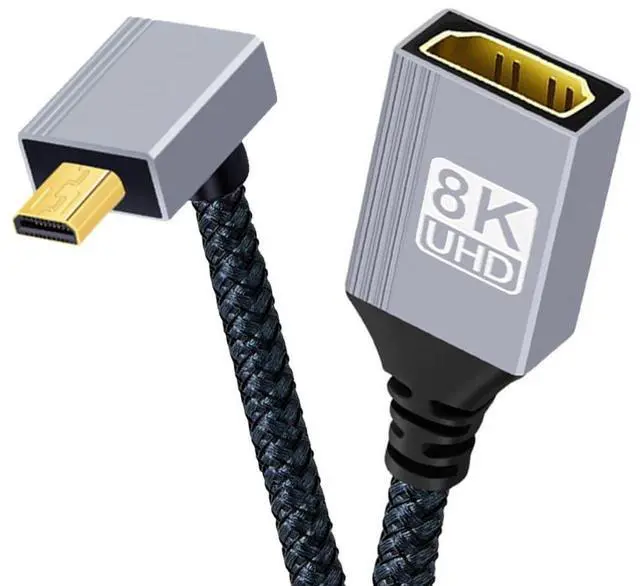 Main image of 8K HDMI 2.1 Cable,Micro HDMI to HDMI 8K@60Hz 4K@120Hz 48Gbps Ultra High Speed Gold Plated Braided 90 Degree UP Angled Cable 17CM/0.55FT