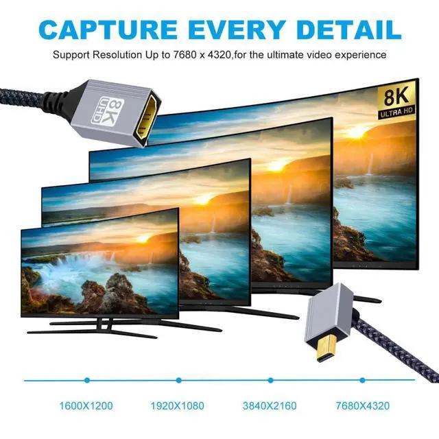 Alt view image 2 of 7 - 8K HDMI 2.1 Cable,Micro HDMI to HDMI 8K@60Hz 4K@120Hz 48Gbps Ultra High Speed Gold Plated Braided 90 Degree UP Angled Cable 17CM/0.55FT