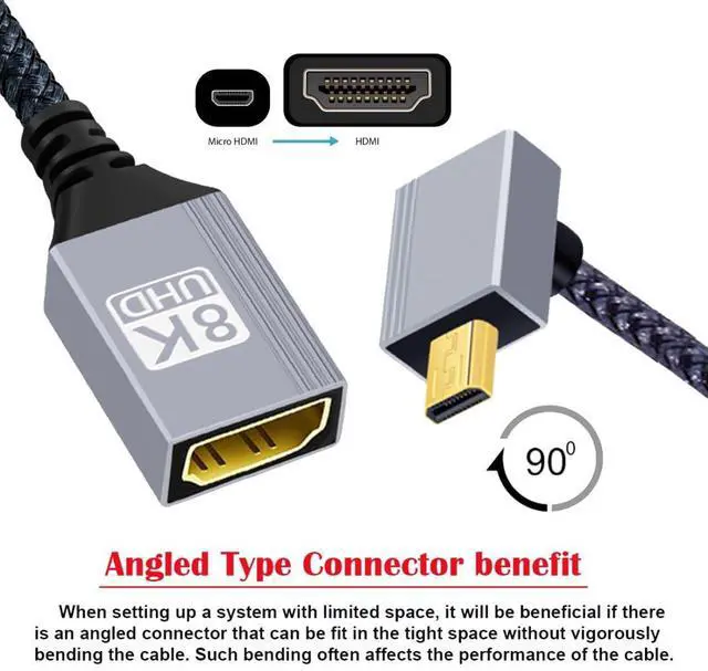 Alt view image 7 of 7 - 8K HDMI 2.1 Cable,Micro HDMI to HDMI 8K@60Hz 4K@120Hz 48Gbps Ultra High Speed Gold Plated Braided 90 Degree UP Angled Cable 17CM/0.55FT
