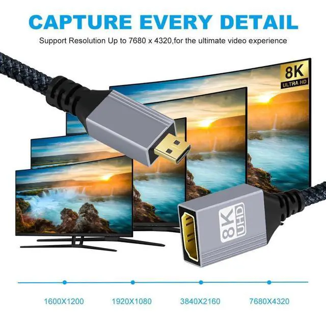 Alt view image 2 of 7 - 8K HDMI 2.1 Cable,Micro HDMI Male to HDMI Female 8K@60Hz 4K@120Hz 48Gbps Ultra High Speed Gold Plated Braided Cable 17CM/0.55FT for TV, Monitor, Computer