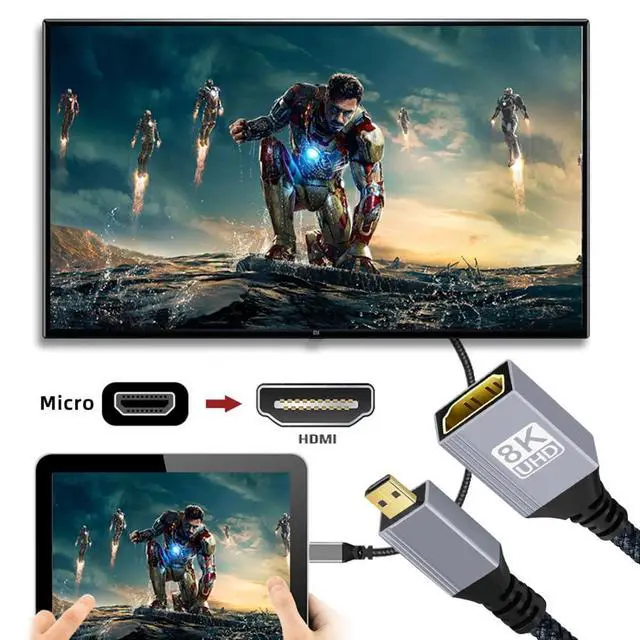 Alt view image 3 of 7 - 8K HDMI 2.1 Cable,Micro HDMI Male to HDMI Female 8K@60Hz 4K@120Hz 48Gbps Ultra High Speed Gold Plated Braided Cable 17CM/0.55FT for TV, Monitor, Computer