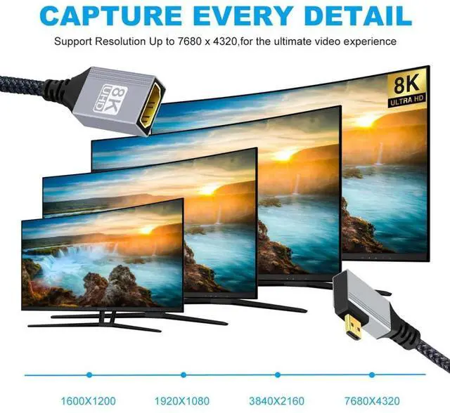 Alt view image 2 of 7 - 8K HDMI 2.1 Cable,Micro HDMI to HDMI 8K@60Hz 4K@120Hz 48Gbps Ultra High Speed Gold Plated Braided 90 Degree Left Angled Cable 17CM/0.55FT