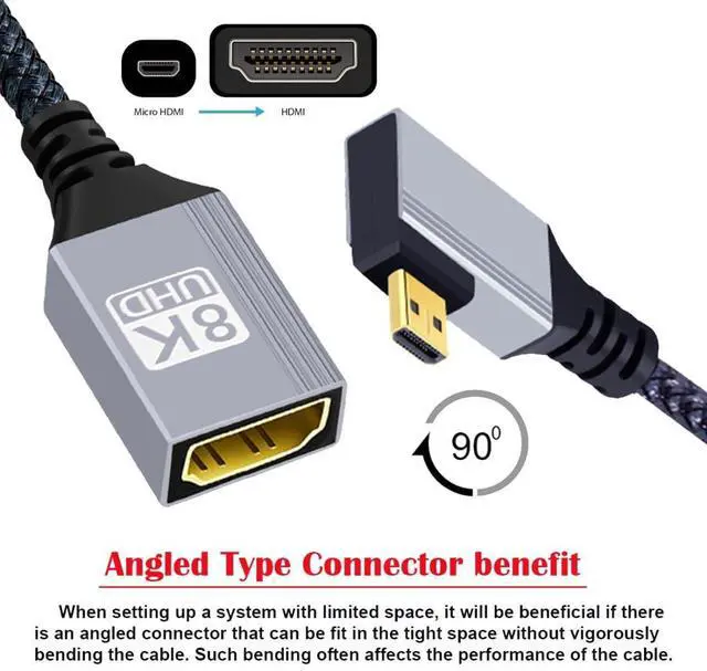 Alt view image 6 of 7 - 8K HDMI 2.1 Cable,Micro HDMI to HDMI 8K@60Hz 4K@120Hz 48Gbps Ultra High Speed Gold Plated Braided 90 Degree Left Angled Cable 17CM/0.55FT