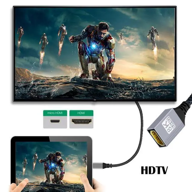 Alt view image 3 of 7 - 8K HDMI 2.1 Cable,Micro HDMI to HDMI 8K@60Hz 4K@120Hz 48Gbps Ultra High Speed Gold Plated Braided 90 Degree Right Angled Cable 17CM/0.55FT